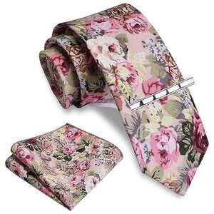 Floral Printed Necktie Tie Clip Pocket Square Sets Pink